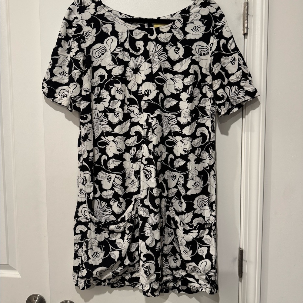Anthropologie Maeve Zola Womens Floral Shift Dress Black White Pockets Size 12 - Picture 2 of 5